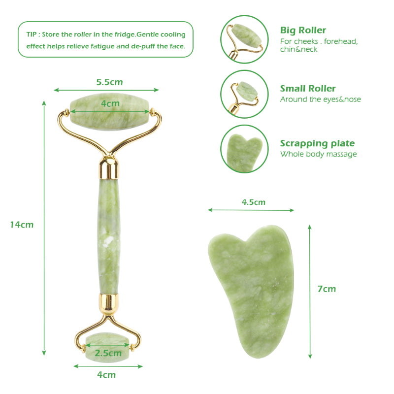 2Pcs Natural Rose Quartz/Green Jade Massage Face Roller Gua Sha Board Set